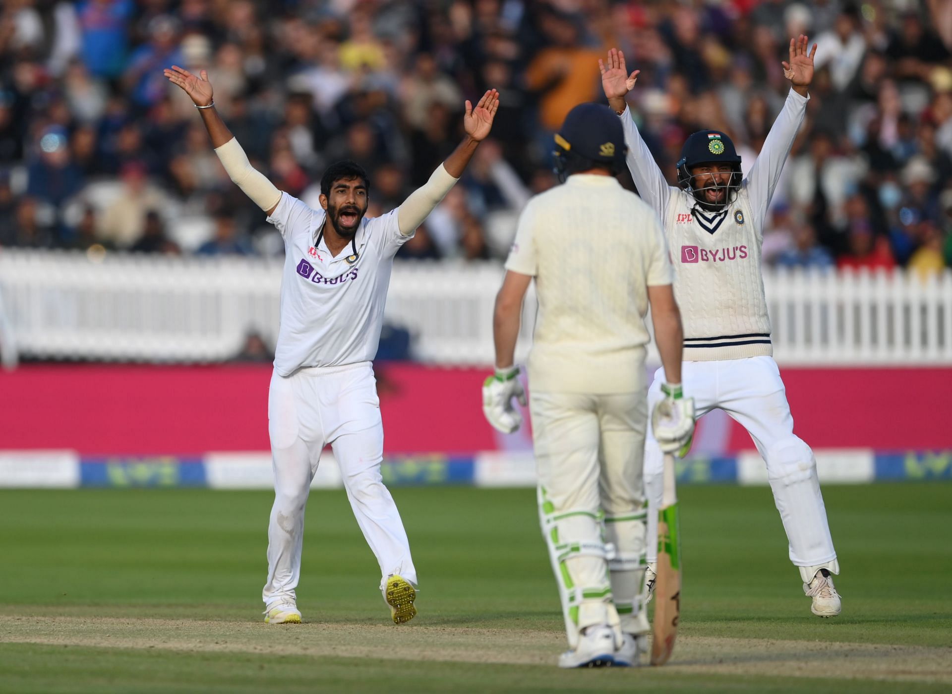 India bowler Jasprit Bumrah appeals for the wicket of Ollie Robinson, who is given out after review during day five of the second Test Match between England and India at Lord's Cricket Ground on August 16, 2021, in London, England. (Photo by Stu Forster/Getty Images)